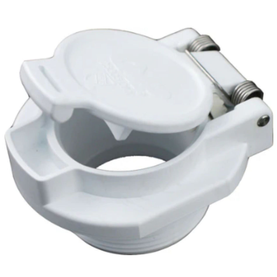 CMP Vac Lock Cover 1.5 inch white with spring-loaded door for pool contractor suction line installations
