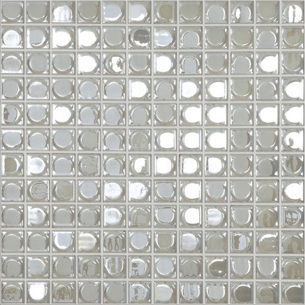 Aura White iridescent 1x1 glass mosaic pool tiles with 3D effects for professional pool contractors and commercial installations
