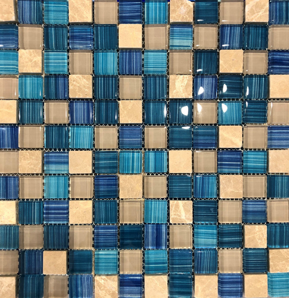 GLASS/TRAVERTINE TILE BLUE 1" X 1" - M8CTSBVV33