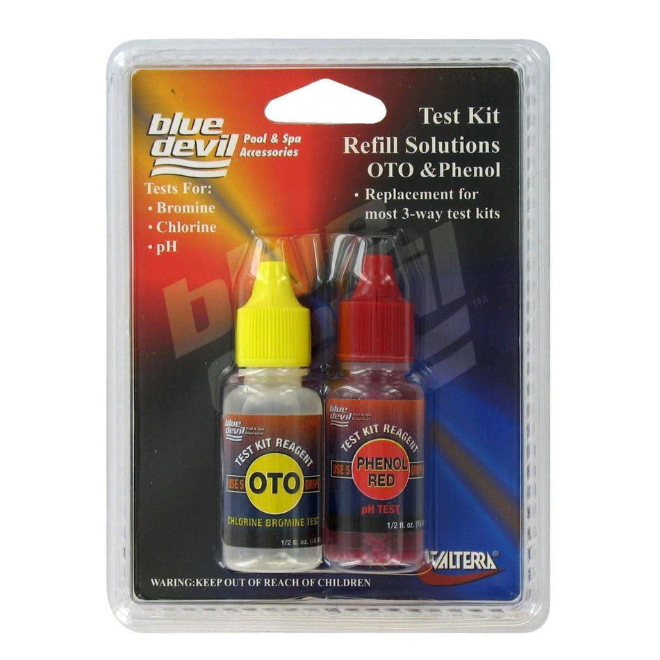 Pentair Valterra OTO Phenol Red test solution bottles for professional pool water testing by contractors
