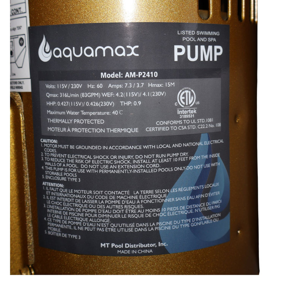 AQUAMAX POOL PUMP 1 HP  W/ UNION - P2410A