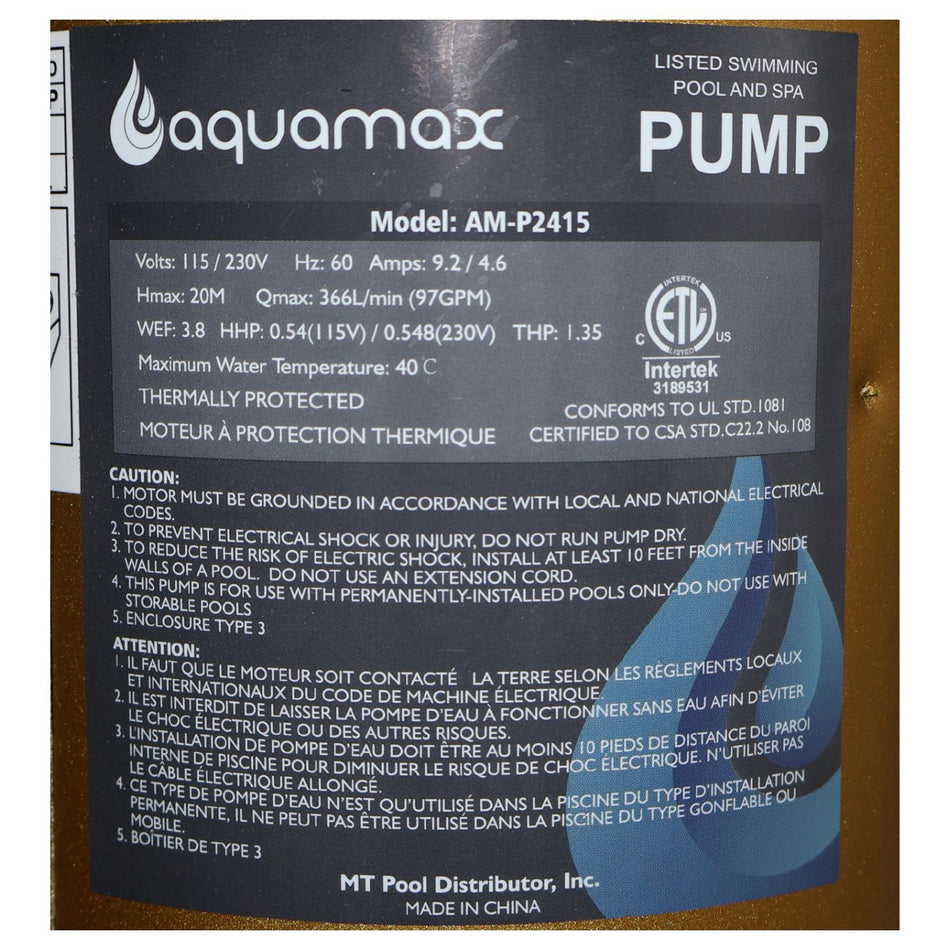 AQUAMAX POOL PUMP 1.5 HP  W/ UNION - P2415A