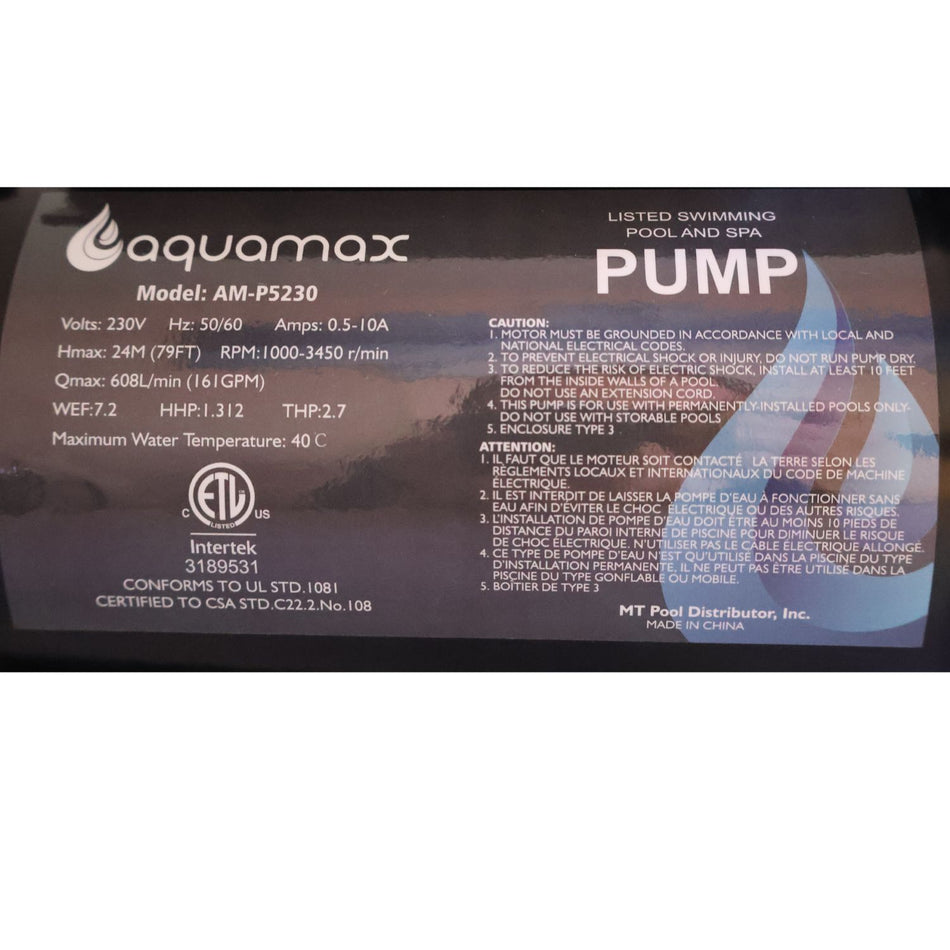 AQUAMAX PRO SERIES POOL PUMP VS 3.0 HP - P5230