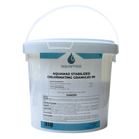 AquaMax Stabilized Chlorinating Granules 5lb container trichlor pool chemical for professional pool contractors white plaster pools