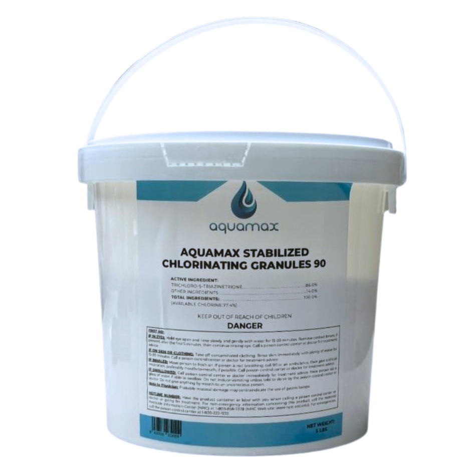AquaMax Stabilized Chlorinating Granules 5lb container trichlor pool chemical for professional pool contractors white plaster pools