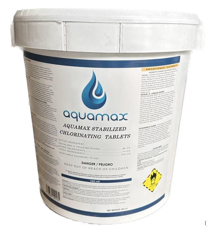 Aquamax 50lb bucket of 3-inch stabilized chlorine tablets for professional pool contractors and service companies