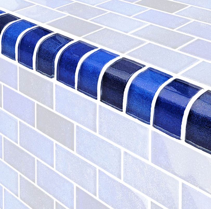 Artistry In Mosaics Deep Sea glass tile trim 1x2 Crystal Waters series TRIM-CW812B4 for professional pool contractors