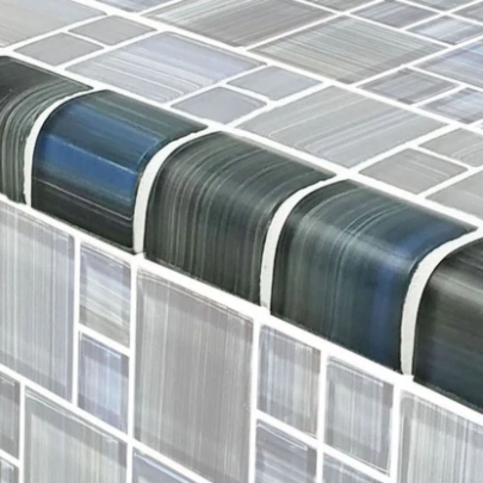 Artistry In Mosaics Steel Blue Gray glass tile trim TRIM-GW8M2348B9 for professional pool contractor installations